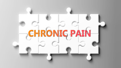 Aufkleber - Chronic Pain complex like a puzzle - pictured as word chronic pain on a puzzle pieces to show that chronic pain is complex and needs cooperating pieces that fit together. ,3d illustration