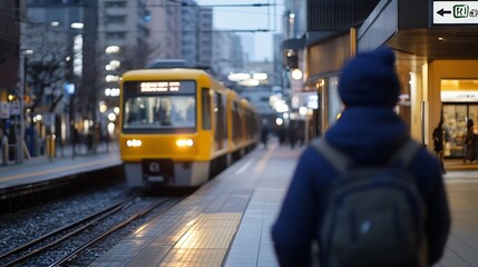 Aufkleber - Commuter Waiting at Train Station as a Yellow Train Approaches in an Urban Environment : Generative AI