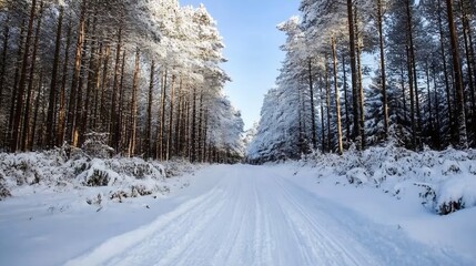 Poster - Snowy winter path through a tranquil forest showcasing peaceful surroundings and winter beauty : Generative AI