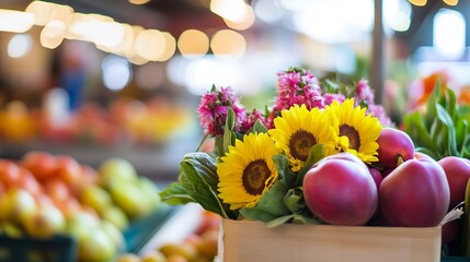 Poster - Fresh fruits and sunflowers beautifully arranged in a wooden box at a bustling farmers market : Generative AI