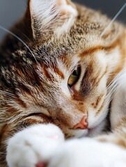 Poster - Adorable closeup of a playful cat relaxing in a cozy setting with sleepy eyes : Generative AI