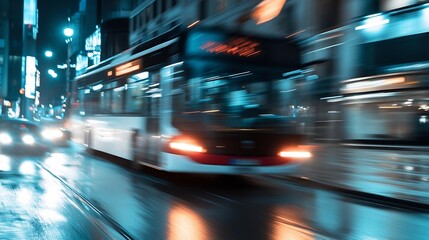 Poster - Dynamic urban scene with a speeding bus captured during a rainy night in a vibrant city setting : Generative AI