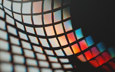 Fototapete - Abstract image featuring a grid pattern with vibrant rainbow colors, creating a dynamic and wavy texture against a dark background. The colors are vivid and the grid is distorted, giving a sense of