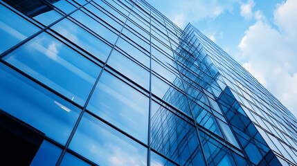 Fototapete - Stunning reflection of modern architecture in glass facade against a bright blue sky : Generative AI