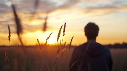 Poster - Silhouette of a man enjoying a serene sunset view in a golden field during a peaceful evening : Generative AI