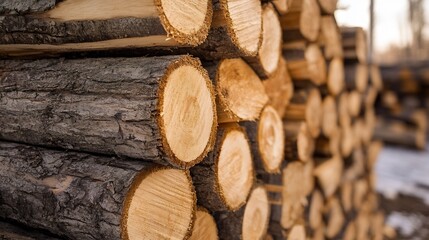 Poster - Close Up of Logs Stacked Neatly in a Lumber Yard for Processing : Generative AI