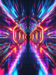 Poster - Vibrant Neon Tunnel Background with Dynamic Light Streaks, Symbolizing Futuristic Energy and Speed. Perfect for Sci-Fi Designs, Music Visualizations, and Tech Presentations.