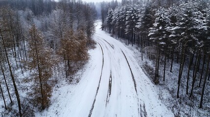 Aufkleber - Aerial view of snowy winding road surrounded by snowcapped trees in a winter wonderland : Generative AI