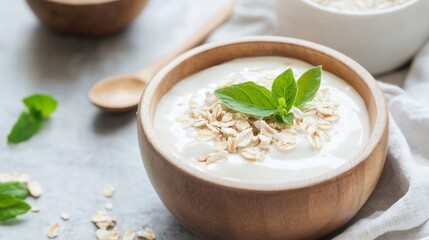 Poster - A delicious bowl of yogurt topped with oats and fresh greenery ready for a healthy breakfast : Generative AI