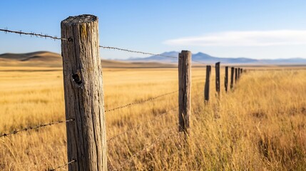 Poster - Golden grass fields under a blue sky with wooden fence posts leading the view : Generative AI