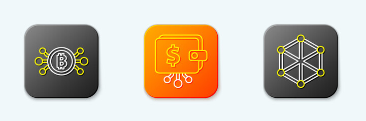 Poster - Set line Bitcoin in circuit, Cryptocurrency wallet and Blockchain technology icon. Vector