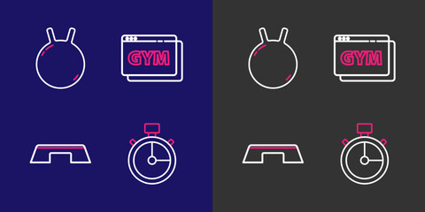 Poster - Set line Stopwatch, Step platform, Online fitness and training and Kettlebell icon. Vector