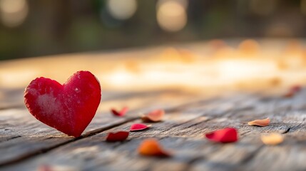 Poster - Single red heart decoration on a wooden table surrounded by scattered rose petals in soft natural light : Generative AI