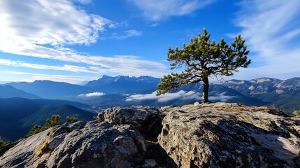 Aufkleber - Stunning mountain landscape with lone tree on rock formation under a bright blue sky : Generative AI