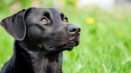 Poster - Close up of an adorable black dog with bright eyes resting in a lush green field with flowers around : Generative AI