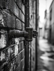 Aufkleber - Closeup of a rusty pipe attached to a brick wall in an urban alleyway setting : Generative AI