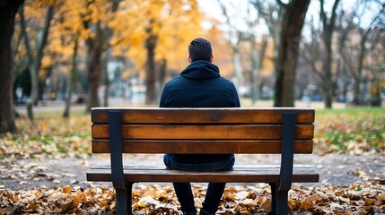 Aufkleber - A young man sitting on a bench in a peaceful park surrounded by autumn leaves : Generative AI