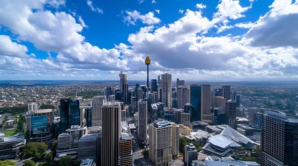 Poster - Stunning Cityscape of Modern Skyscrapers Under Blue Sky with Clouds : Generative AI
