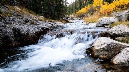 Poster - Serene flow of a picturesque river surrounded by vibrant autumn foliage and rocky landscape : Generative AI