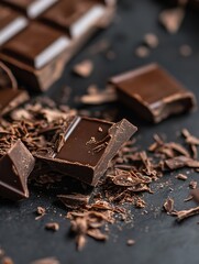 Aufkleber - Rich dark chocolate pieces and shavings scattered across a black background creating a gourmet dessert vibe : Generative AI
