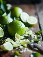 Aufkleber - Fresh green limes and cut lime wedges beautifully arranged on rustic wooden table showcasing delicious flavor and zest : Generative AI