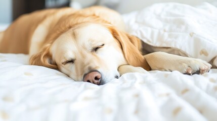 Poster - Relaxed golden retriever sleeping peacefully on a cozy bed creating a serene atmosphere : Generative AI