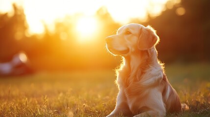 Aufkleber - Golden retriever dog basking in the warm glow of sunset creating a serene and peaceful atmosphere : Generative AI
