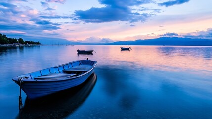 Aufkleber - Tranquil evening view of boats resting on calm water reflecting the colorful sky at sunset : Generative AI