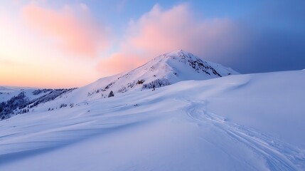 Poster - Stunning winter landscape with rolling snow hills and a vibrant pastel sunset illuminating the scene : Generative AI