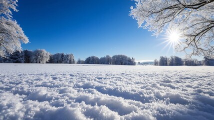Poster - Winter Wonderland Scene with Sparkling Snow and Bright Sunlight in Blue Sky : Generative AI