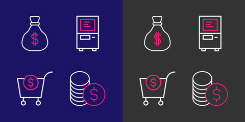 Poster - Set line Coin money with dollar, Shopping cart and, ATM and Money bag icon. Vector