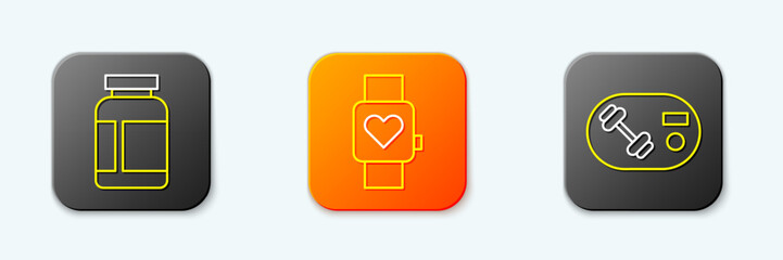 Poster - set line sports nutrition, smart watch and fitness club, gym card icon. vector