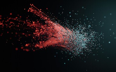 Fototapete - Abstract digital art depicting a burst of red and teal particles against a black background. The particles appear to be in motion, creating a dynamic and energetic composition