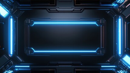 Aufkleber - Futuristic Dark Metal Panel Background with Bright Neon Blue Lines, Symbolizing Technology, Innovation, and Modernity. Perfect for Sci-Fi Designs, Tech Presentations, and Video Game Interfaces.