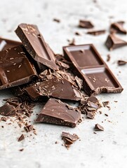 Poster - Chunks of rich dark chocolate scattered on a surface with broken pieces showcasing texture and indulgence : Generative AI