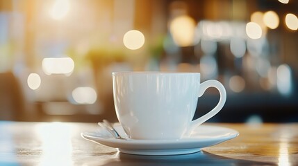 Aufkleber - Closeup of a white coffee cup on a wooden table with warm sunlight creating a cozy atmosphere : Generative AI