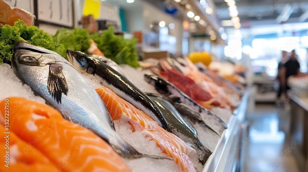 Variety of Fresh Seafood and Fish on Ice in a Modern Market Display ...