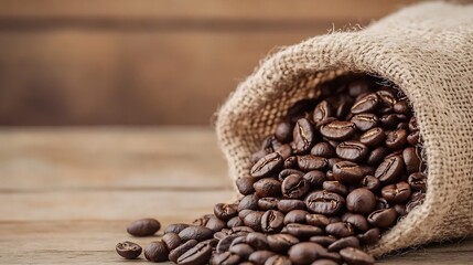 Poster - Spilled coffee beans from a burlap sack on rustic wooden surface emphasizing a coffee theme : Generative AI