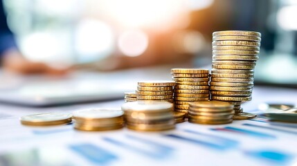 Leinwandbilder - Piles of shiny gold coins stacked high with a blurred background representing financial growth and wealth : Generative AI