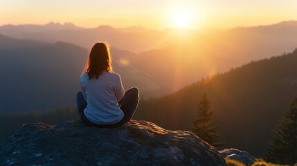 Aufkleber - A serene moment capturing a person meditating on a rock during a beautiful sunrise in the mountains : Generative AI