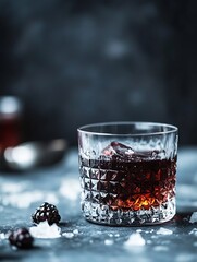 Aufkleber - Refreshing dark drink served over ice with blackberries accenting the glass on a moody background : Generative AI