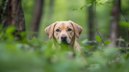 Aufkleber - Adorable dog with a thoughtful expression captured in a lush green forest setting : Generative AI