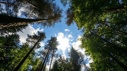 Poster - Breathtaking view of towering trees under a bright sky depicting tranquility and natural beauty in the forest : Generative AI