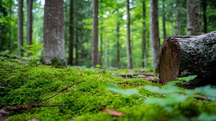 Poster - Lush Green Forest Floor with Moss and Tree Trunks Creating a Serene Natural Environment : Generative AI