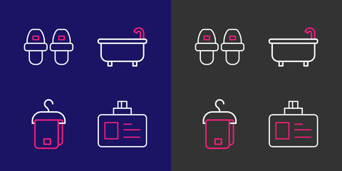 Poster - Set line Identification badge, Towel hanger, Bathtub and Hotel slippers icon. Vector