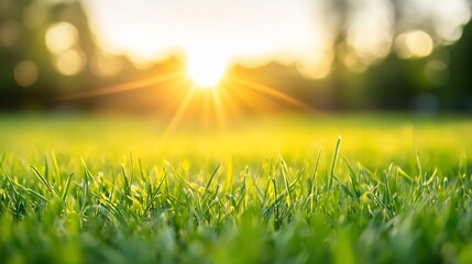 Poster - Close Up of Dewy Grass Blades with Glowing Sunlight in the Background at Dawn : Generative AI