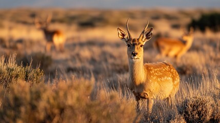 Aufkleber - Curious Deer Standing Gracefully Among Dry Grass Under Soft Afternoon Light : Generative AI