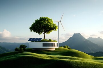 Poster - renewable energy systems powering carbon neutral infrastructure in a vibrant lush eco modernist land