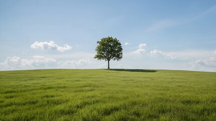 Poster - Isolated tree on grassy hill under a clear blue sky with fluffy clouds : Generative AI