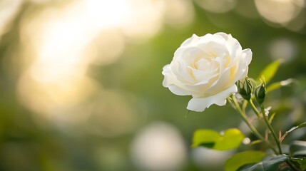 Poster - Stunning close up of a delicate white rose blooming in a garden with soft sunlight in the background : Generative AI